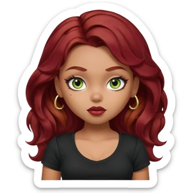 a pretty fair bratz girl with wavy dark red hair, wearing a black tee. eyeliner on, olive green eyes. Till stomach sticker