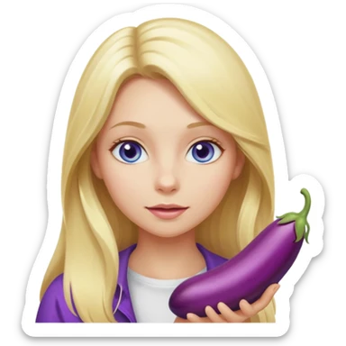 Blonde long hair girl, blue eyes, eating an eggplant sticker
