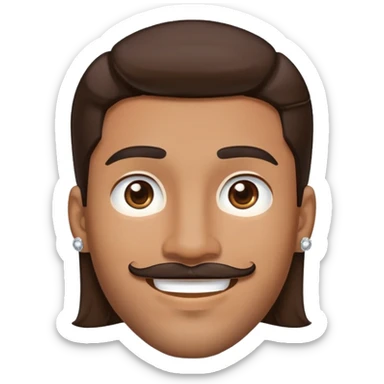 Apple-style cartoon emoji of a floating head only, young man with medium brown skin, mixed-race ethnicity, long dark brown hair with PERFECT MIDDLE PART exactly centered, mustache separated from goatee, medium brown eyes, small diamond stud earrings, absolutely no neck or shoulders visible sticker