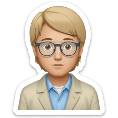 Brian Lackey from Mysterious Skin with brown eyes, dark blonde hair, light blue shirt, ivory jacket, glasses sticker