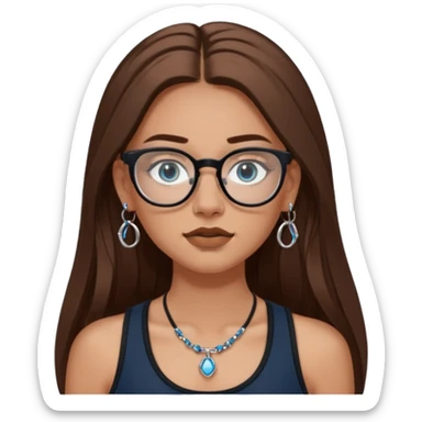 White girl with long brown hair, part going more to the RIGHT side, BLUE eyes, wearing BLACK rectangle plastic frame glasses. SEPTUM nose piercing hoop (at bottom of nose) AND stud nose piercing on right side of nose. Wearing BLACK tank top. No other jewelry sticker