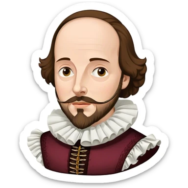 Cinematic Realistic portrait of William Shakespeare, depicted as an iconic playwright in richly detailed Elizabethan attire with a ruffled collar, expressive eyes, and a thoughtful gaze, bathed in dramatic historical lighting that evokes the Bard’s timeless legacy sticker