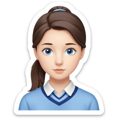 Realistic Student Portrait, with porcelain-like skin featuring a natural rosy flush, illuminated by soft lighting that highlights the gentle contours of her face. Her Brunette pony tail hair flows in soft, Her deep blue eyes radiate warmth and innocence,  wear light blue preppy style. sticker
