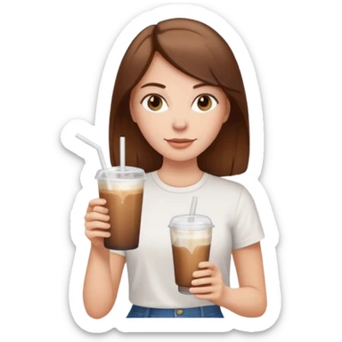 A white girl with brown hair and wearing a white tee holding an ice coffe sticker
