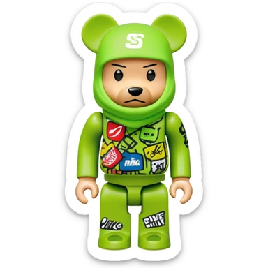 bearbrick toy with cubic head wearing a lime green balaclava covered in multiple street brand logos like Supreme, Nike, Adidas, Off-White in graffiti style, chaotic and adventurous logo placement, expressive eyebrows sticker