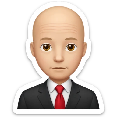 a bald man in a suit with a red tie sticker