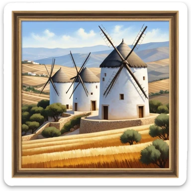 ​Cinematic Realistic Spanish Windmills (Mota del Cuervo), depicted as a cluster of gracefully aged windmills with weathered whitewashed facades and rustic wooden sails, standing proudly on a sunlit, rolling hillside of golden fields and olive groves, rendered with intricate textures and soft natural lighting that captures the timeless rural charm and historical significance of the Spanish landscape, sticker
