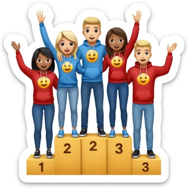 multi-racial men and women standing on a winners’ podium with the middle podium position elevated, casually dressed in fun clothing like jeans, t-shirts, and hoodies, excited, fun, expressive emoji style sticker