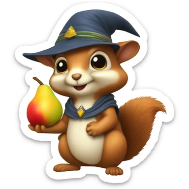 squirrel with a wizard hat an a mango in his hands sticker