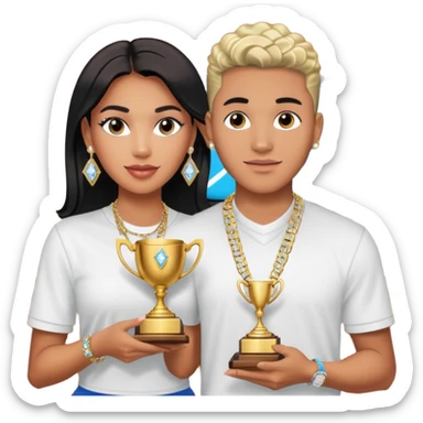 Internet celebrity Josh King Madrid jetset wearing shiny diamond earrings and sparkly iced out diamond tennis necklace chains with Instagram model girl tefi valenzuela sitting with him holding gold internet celebrity trophy on tv show in Miami sticker