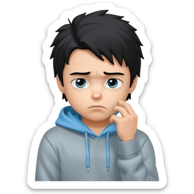 generate a pretty bratz fair skinned boy with messy black hair in a grey hoodie looking sad and bored with hand on chin. Make him muscled sticker