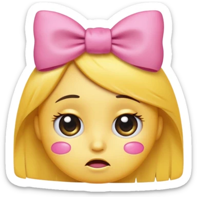 A round yellow emoji with a pleading face, big shiny eyes filled with tears, eyebrows raised toward the center, and a small sad mouth. On the upper right side of the head, a cute pink bow 🎀 is attached like a hair accessory. sticker