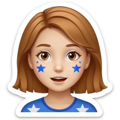 A girl with star-shaped cheek paint, cheering with bright eyes. sticker