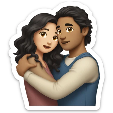 They are holding each other very tightly. A pale Asian man with short dark hair and amber eyes embracing and loving a half Asian woman with long wavy dark hair and dark hazel eyes. They love each other a lot And have good fashion taste. sticker