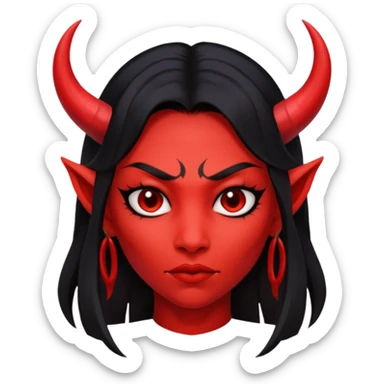 Head only demon girl; face with pronounced cheekbones and angular jaw; skin is uniform pure red (#FF0000) everywhere; long straight smooth black hair; small horns sticker