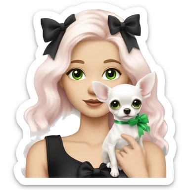 pale blonde girl with long platinum white wavy hair with bright green eyes and wearing a light pink hair bow holding a black and white long haired chihuahua puppy also wearing a hair bow sticker