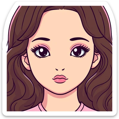 girl with light wheatish skin, dark brown long wavy hair, pouty shiny lips with berry lip gloss, large eyes with eyelashes, pink blush on cheeks, inner eye highlighted with white eyeliner, button nose sticker