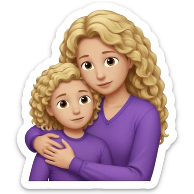 a mother with blond curly long wearing purple hugging his son with brown hair and like saying its okay sticker