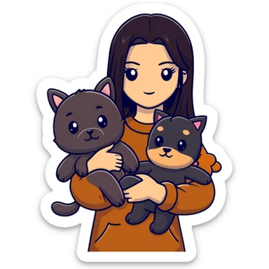 Kendall Jenner with long dark hair holding a brown teddy bear, a black schnauzer and a cow cat in her arms sticker