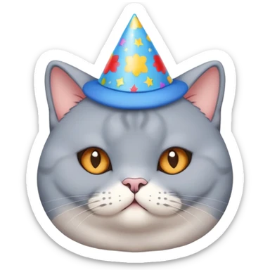 British shorthair blue cat with round face and chubby cheeks wearing a colorful birthday hat sticker