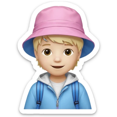 A little boy student white skin, blonde hair, with pink bucket hat, white jacket, blue backpack sticker