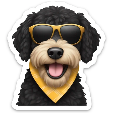 A black dog breed “golden doodle” wearing sunglasses with a big smile with human like teeth. Also with a bandanna around its neck that says mums favourite  sticker