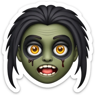 faça um emoji com uma garota de cabelo preto, pálida, com sobrancelhas claras, olhos pretos e estilo zumbi sticker