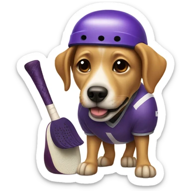 Dog with hockey helmet eating an eggplant sticker