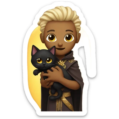 A sun warlock who has light skin and is holding a black kitten sticker