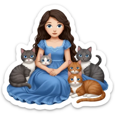 detailed realistic looking a dark grey and white cat regally laying with six other cats, cuddling with their owner in bed who is a pretty bratz lightly tanned white girl with long dark brown hair, blue eyes and gorgeous long wavy hair wearing a pretty detailed dress sticker