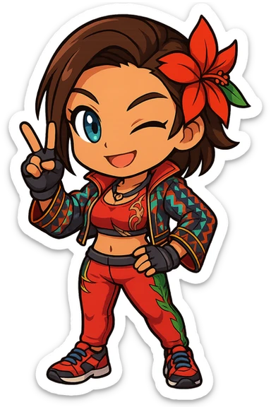 Azucena from Tekken 8 in chibi sticker style, making a victory pose with a V-sign, wearing the detailed red and patterned outfit from the reference images, designed for Twitch emote use. sticker