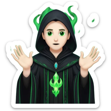 A dark sorcerer in flowing black robes, conjuring eerie green flames sticker