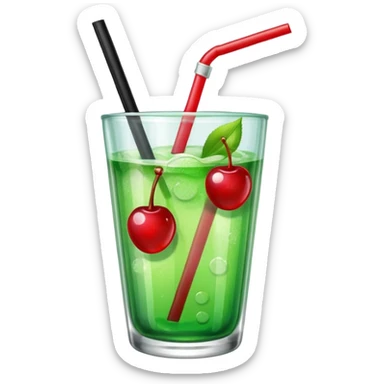 Create an emoji with a clear rounded glass, bright transparent green soda with fine bubbles, a smooth vanilla scoop, a glossy red cherry, and a black straw, using vibrant colors, soft shading, and clear glass highlights.
 sticker