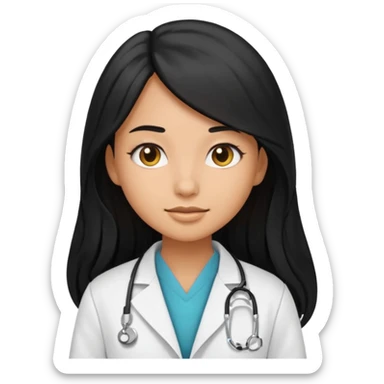 tan skin girl with long black hair wearing a doctor's coat, emoji style sticker