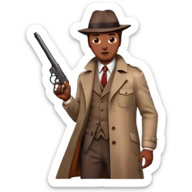 Icon for Detective Movie: A vintage movie poster-style design with a close-up of a detective holding a gun on a dark London street. The scene features a full moon, bloodstains on the pavement, and a mysterious atmosphere, evoking a classic noir detective thriller. Transparent background. sticker