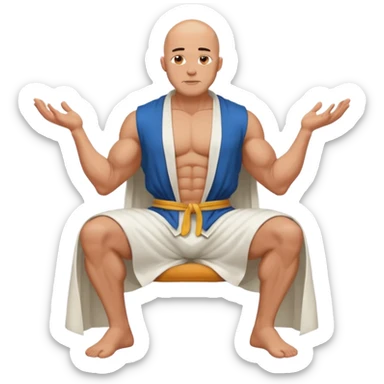 fullbody jacked bald guy, sleeveless and unbuttoned in full white robe sitting sticker