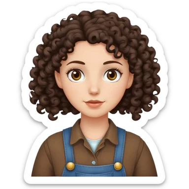 white girl with very curly dark brown hair, brown eyes, wearing farm clothes sticker