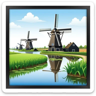 cinematic-realistic-kinderdijk-windmills-landmark-emoji,-showcasing-traditional-dutch-windmills-aligned-along-a-tranquil-canal,-with-lush-green-fields in a picture frame sticker