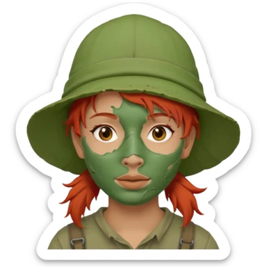 messy green full face clay mask and tourist hat red hair  sticker