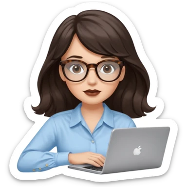 A white woman with long wavy dark brown hair and a whispy bang, wearing thick tortoise SQUARE glasses. She has long lashes and a nude browny glossy lipstick. She's wearing an oversize light blue shirt with white strips. She's working on a laptop sticker