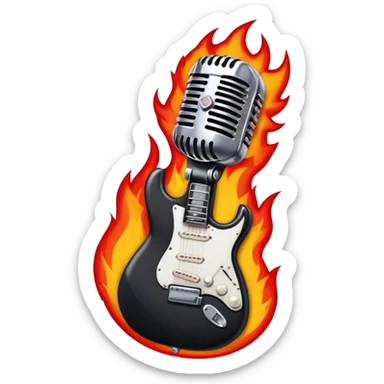 Create a bold and powerful emoji representing rock vocal performance in a humanless collage. The design should feature a vintage microphone at the center, surrounded by a heavy, aggressive hardcore electric guitar with sharp, jagged edges. Include crossed drumsticks behind the guitar, symbolizing the intense rhythm of rock music. Add fiery elements like flames or lightning bolts to enhance the raw energy of the design. Use dark, bold colors like black, red, and silver, with metallic or chrome accents to reflect the rebellious, hard-hitting nature of rock. The background should be transparent. sticker