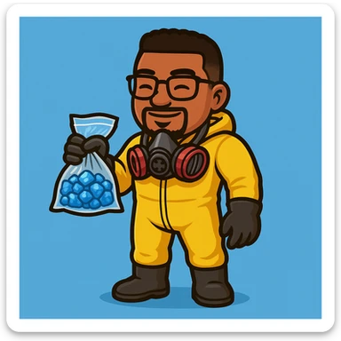 Replace the green bottle in the hand with a transparent bag containing blue stones resembling blue meth. Add the iconic Breaking Bad gas mask hanging around the neck. Maintain the detailed cartoon style and keep the light blue background. sticker