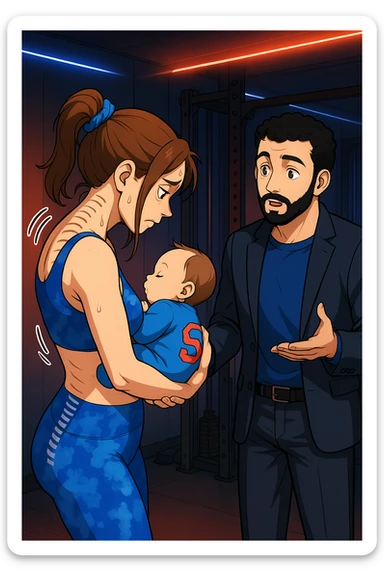 ispirati a questo stile di disegno e fai questa immagine in versione manga/webtoon a colori, il manga mostra la donna preoccupata di profilo con la postura sbagliata e incurvata, spalle chiuse e curve in avanti, con un neonato in braccio con una tutina azzurra e la scritta "S" sulla schiena, spina dorsale storta della donna in evidenza mentre ascolta l'uomo mentre l'uomo gli sta spiegando una cosa, ma non fare i fumetti, fai come se stessero parlando sticker