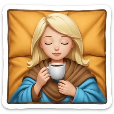 Blonde girl inside a blanket sipping coffee eyes closed sticker