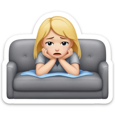 sad girl crying on the cozy grey couch  sticker