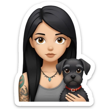 girl with long black straight hair and tattoos and Black cute Schnauzer sticker