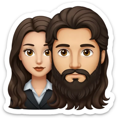 woman with olive skin, brown eyes and long lashes, and long black wavy hair with pale skinned hazel eyed man with brown hair and beard sticker