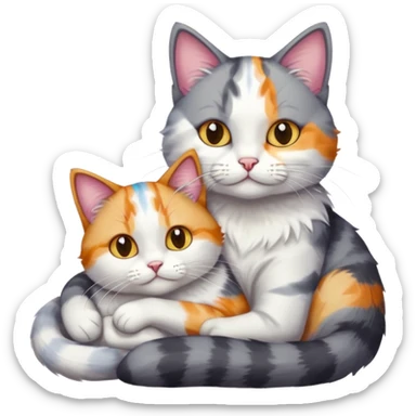 grey and white cat cuddling a colourful light patched calico + white tabby cat sticker