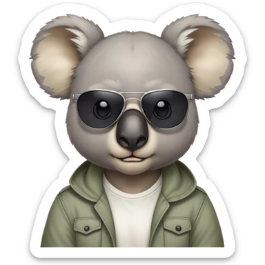 anthropomorphised koala, head and shoulders, casual clothing, dark sunglasses, fierce expression with different look sticker