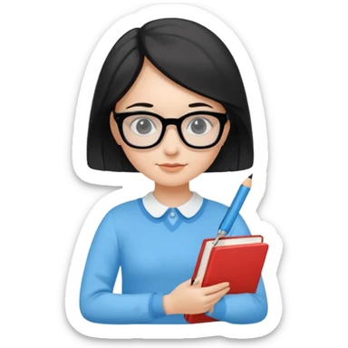 cute girl, glass, smart, Sky-blue colored clothing,
holding a book in one arm and a pen in the other hand.Holding a pen in the right hand as if teaching.Wearing black glasses, with a smart and bright-looking face. sticker